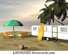 Caravan holidays at the beach - 3D render