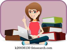 cartoon cute girl using laptop