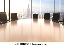 Conference room with big round table, chairs and city view Conference room with big round table, chairs and city view