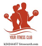 Fitness logo with muscled man and woman silhouettes Fitness logo with muscled man and woman silhouettes