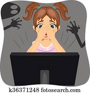 niña, cubierta, ella, cara, mientras, mirar, película horror, en, internet., sombra, de, fantasma, en, pared