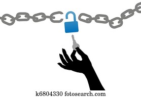 Person hand free unlock chain lock key Person hand free unlock chain lock key