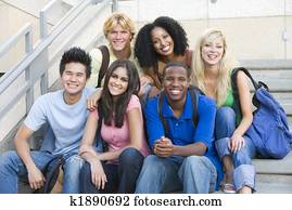 קבץ, של, אוניברסיטה, סטודנטים, לשבת בצעדים