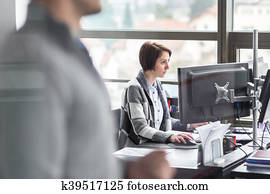 asistente personal, trabajando, en, corporativo, oficina.