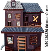 baksteen huis, met, kapot, deur, en, vensters