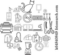 confortável, ícones, jogo, esboço, estilo