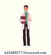 Doctor in white lab coat and green uniform holding clipboard