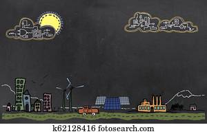 Future Technology and Renewable Energy Concept on Blackboard Future Technology and Renewable Energy Concept on Blackboard