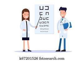 Good doctors, an oculist or an ophthalmologist. A doctor with a pointer points to a poster for an eye examination. Cartoon flat vector illustration. Good doctors, an oculist or an ophthalmologist. A doctor with a pointer points to a poster for an eye examination. Cartoon flat vector illustration.