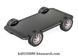 Smartphone on car wheels, 3D rendering Smartphone on car wheels, 3D rendering
