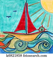 csónakázik, helyett, gyerekek, room., eredeti, drawing.