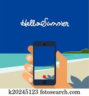 hallo, summer,, hand holding, smartphone, machen, bild, von, sandstrand hallo, summer,, hand holding, smartphone, machen, bild, von, sandstrand