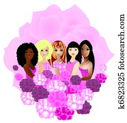 נשים, של, שונה, אתניויות, ביחד