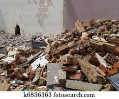 brick marble and stone rubble in a demolished house                               