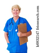 happy senior nurse with clipboard
