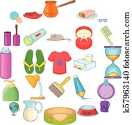 menage, ícones, jogo, caricatura, estilo