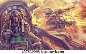 The pilot in the cockpit of a combat robot. Science fiction illustration. The pilot in the cockpit of a combat robot. Science fiction illustration.