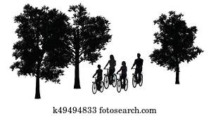 ciclismo, familia, ciclista, silueta, aislado, blanco, plano de fondo