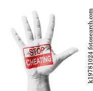 mano abierta, levantado, parada, engaño, señal, pintado