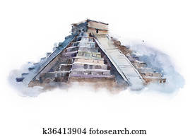 pyramid Chichen Itza in Mexico watercolor drawing. Temple of Kukulkan aquarelle painting pyramid Chichen Itza in Mexico watercolor drawing. Temple of Kukulkan aquarelle painting
