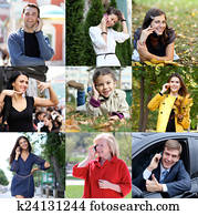 Connection concept. People with mobile phone collage 