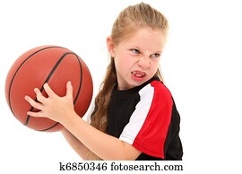 ernstig meisje, kind, basketbal speler, gegooi, bal