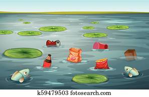 汚される Water 魚 汚い 川 で 屑 そして Plastic 淡水 汚染 ベクトル 概念 クリップアート 切り張り イラスト 絵画 集 K Fotosearch