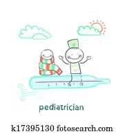 pediatrician is flying on a thermometer with a sick child pediatrician is flying on a thermometer with a sick child