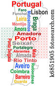 portugal, mapa, e, palavras, nuvem, com, maior, cidades portugal, mapa, e, palavras, nuvem, com, maior, cidades