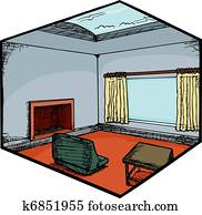 Concreto, lareira, em, canto, de, vida moderna, sala, com, escadaria