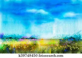 Watercolor painting landscape, wildflower and blue sky Watercolor painting landscape, wildflower and blue sky