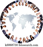 Group of people around a world map 