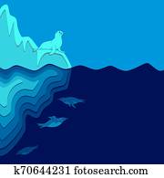 Illustration with iceberg, fur seal and penguins. Vector colored background. Illustration with iceberg, fur seal and penguins. Vector colored background.
