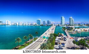 Mac Arthur Causeway and Miami skyline from the air Mac Arthur Causeway and Miami skyline from the air