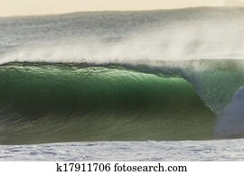 Morning backlight good size ocean wave wall of water upright crashing on shallow sandbars