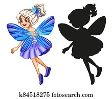 Set of fairy characters and its silhouette on white background Set of fairy characters and its silhouette on white background
