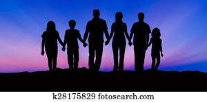 silhouette, de, famille, à, coucher soleil