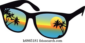 óculos de sol, com, mar, pôr do sol