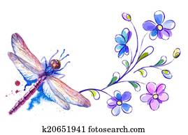 Dragonfly and flowers on the white background Dragonfly and flowers on the white background