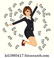 happy businesswoman jumping while dollar bills flying around her happy businesswoman jumping while dollar bills flying around her
