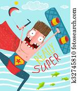 Kitesurfing caricature superman cartoon card design Kitesurfing caricature superman cartoon card design
