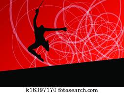 Active young women calisthenics sport gymnasts silhouettes with clubs in acrobatics abstract background illustration vector