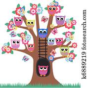 búhos, en, un, árbol