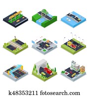 isometric, urbano, infraestrutura, com, estradas, crossroad, carros, e, Bridge., cidade, Traffic., vetorial, apartamento, 3d, ilustração