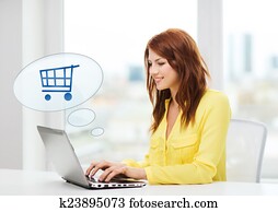 smiling woman with laptop computer shopping online smiling woman with laptop computer shopping online