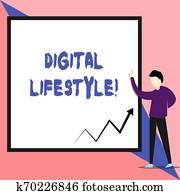 text, zeichen, ausstellung, digital, lifestyle., begrifflich, foto, arbeitende, hinüber, internet, welt, von, gelegenheiten, ansicht, junger mann, stehen, oben zeigen, leer, rechteck, geometrisch, hintergrund.