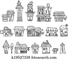 caricatura, vector, cuento de hadas, dibujo, casas