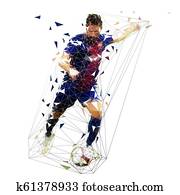 futbolista, en, azul oscuro, jersey, patear, pelota, extracto, bajo, poly, vector, drawing., funcionamiento, futbol, player., aislado, geométrico, colorido, ilustración, vista delantera