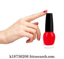 lustrador prego, de, vermelho, cor, e, mulher, mão, isolado, branco