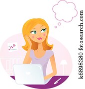 oficina, mujer, con, computador portatil, soñar aproximadamente, algo